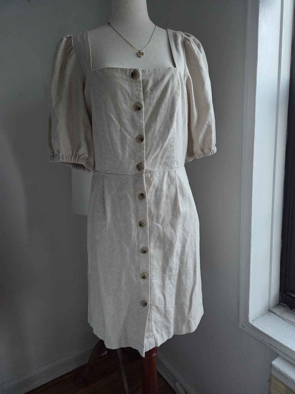 Old Navy Neutral Cream Button-Front Square Neck Midi Dress